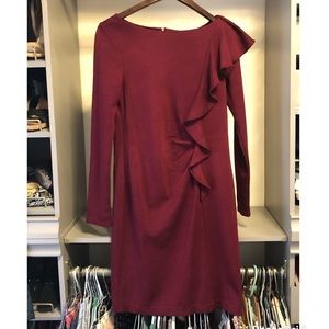 Ann Taylor Maroon Ruched and  Ruffled Long Sleeve Dress-Size 4